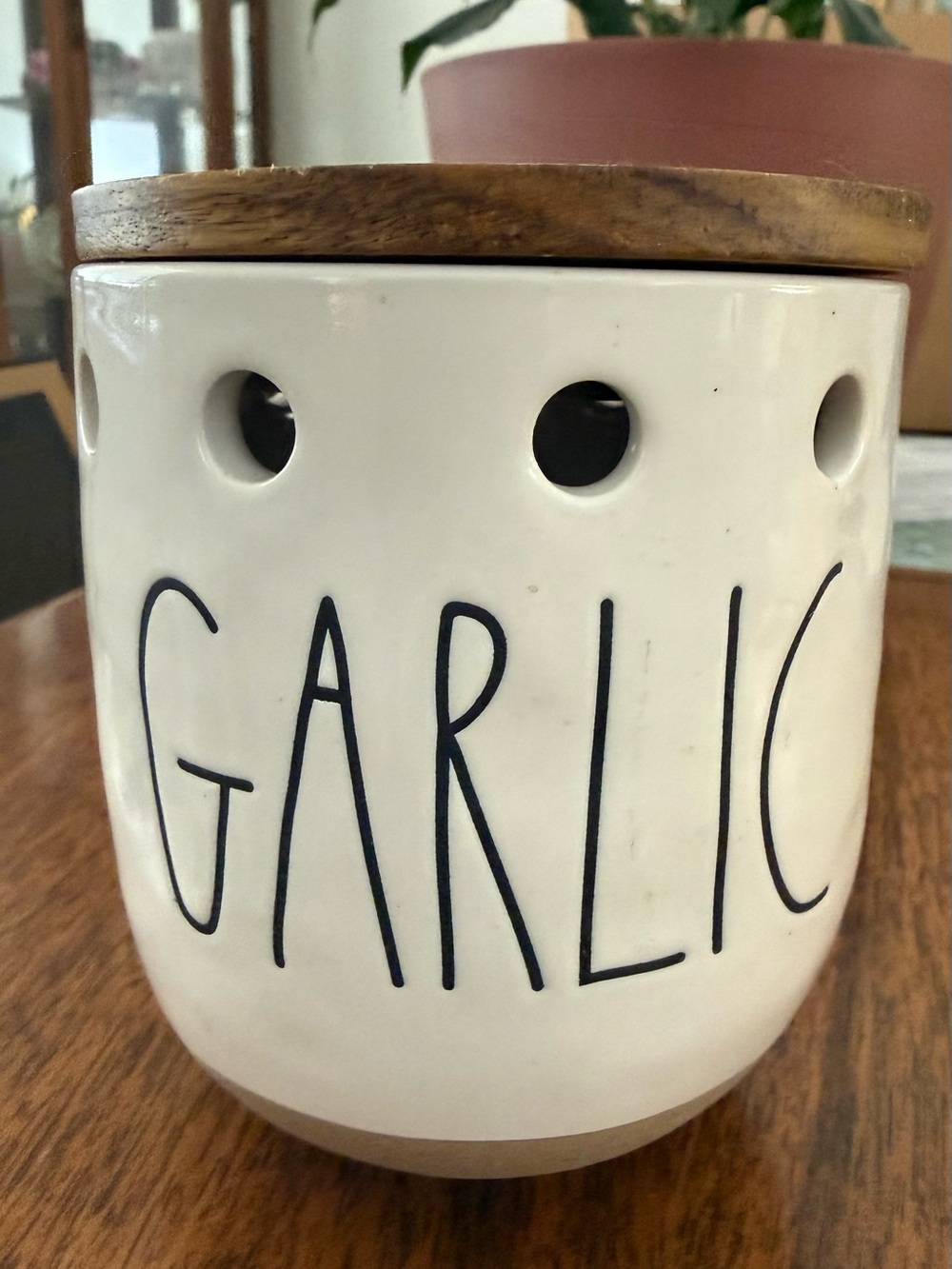 Rae Dunn Cream Ceramic Garlic Jar with Wooden Lid